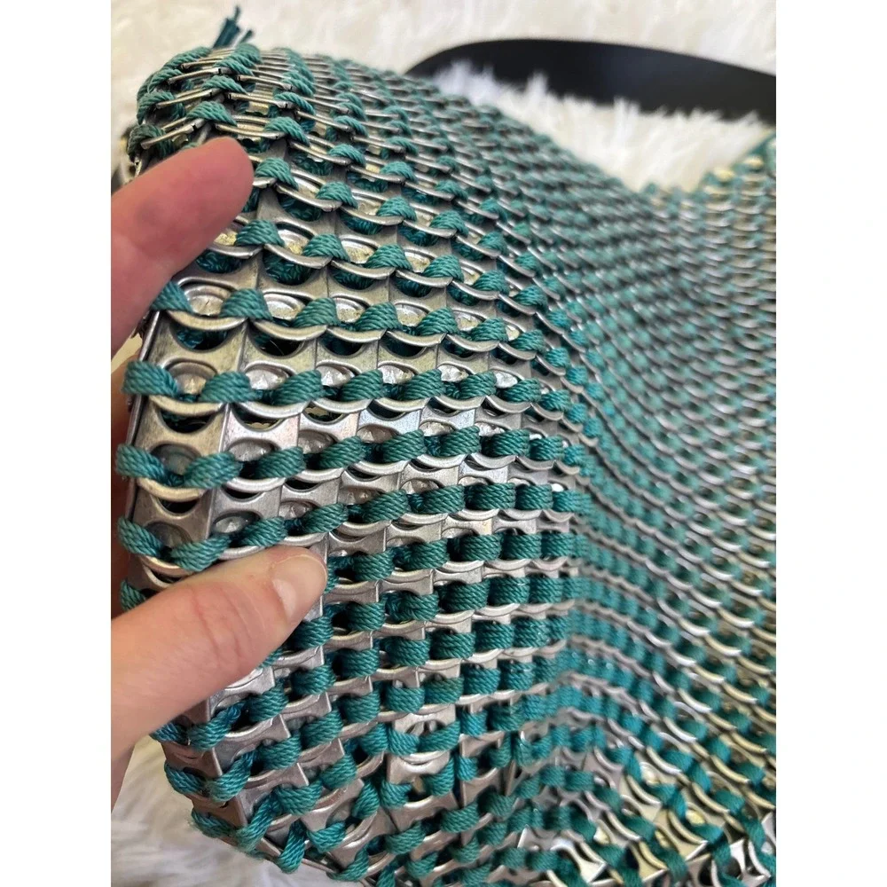 Escama Studio Soda Pop Tab Shoulder Bag Teal Crochet Chainmail Hobo Purse Silver